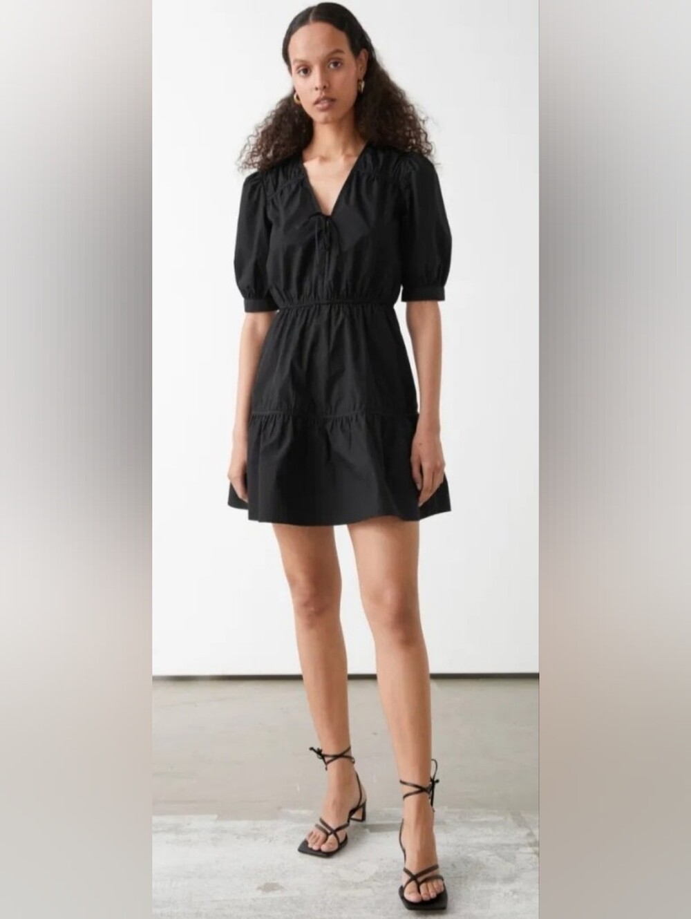& Other Stories Tiered Puff Sleeve Mini Dress Size 2 XS Black Cotton Cottage
